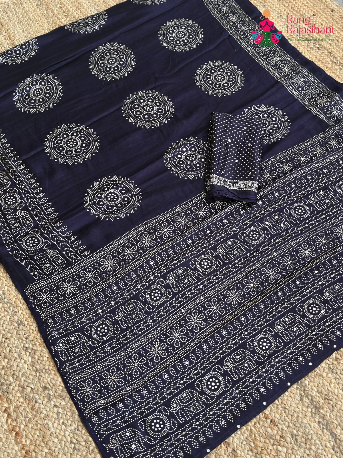 Blue Pure Modal Silk Sequin Ajrakh Print Saree for Wedding Reception | Shop Now