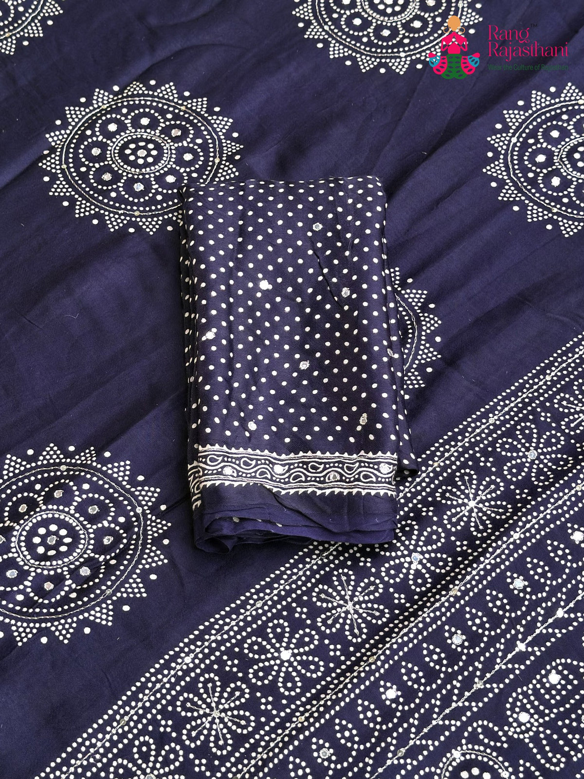 Blue Pure Modal Silk Sequin Ajrakh Print Saree for Wedding Reception | Shop Now