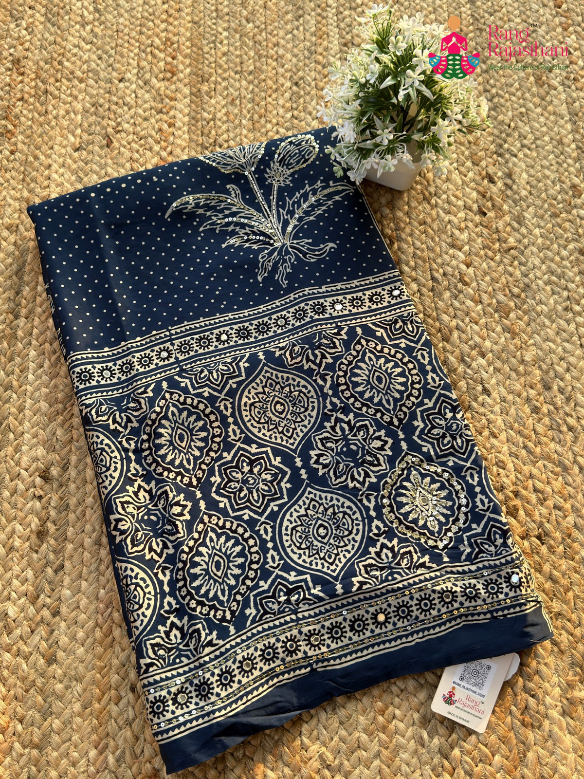 Blue Pure Modal Silk Sequin Ajrakh Print Saree for Bridal | Shop Online