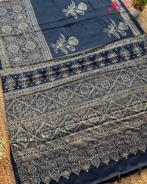 Blue Pure Modal Silk Sequin Ajrakh Print Saree for Bridal | Shop Online
