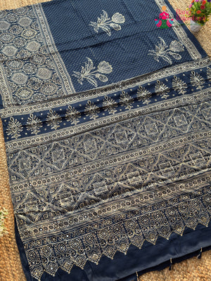 Blue Pure Modal Silk Sequin Ajrakh Print Saree for Bridal | Shop Online
