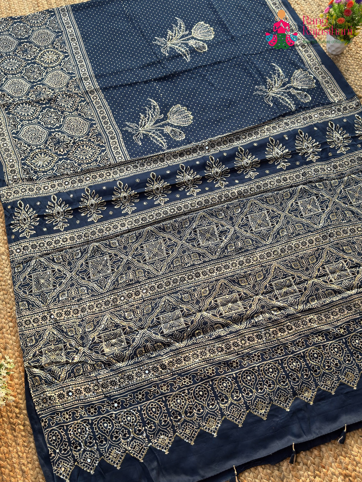 Blue Pure Modal Silk Sequin Ajrakh Print Saree for Bridal | Shop Online
