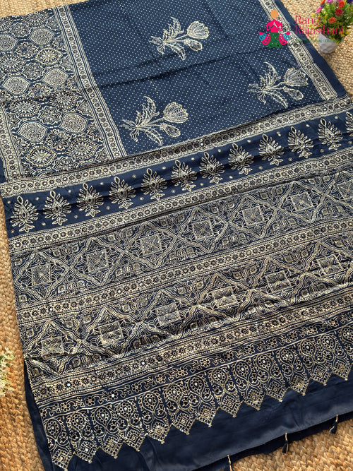 Blue Pure Modal Silk Sequin Ajrakh Print Saree for Bridal | Shop Online