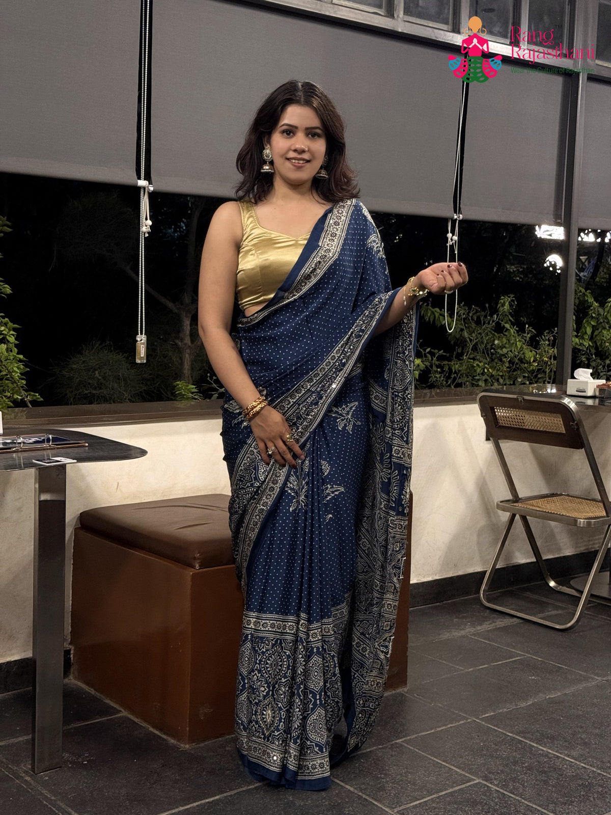 Blue Pure Modal Silk Sequin Ajrakh Print Saree for Bridal | Shop Online