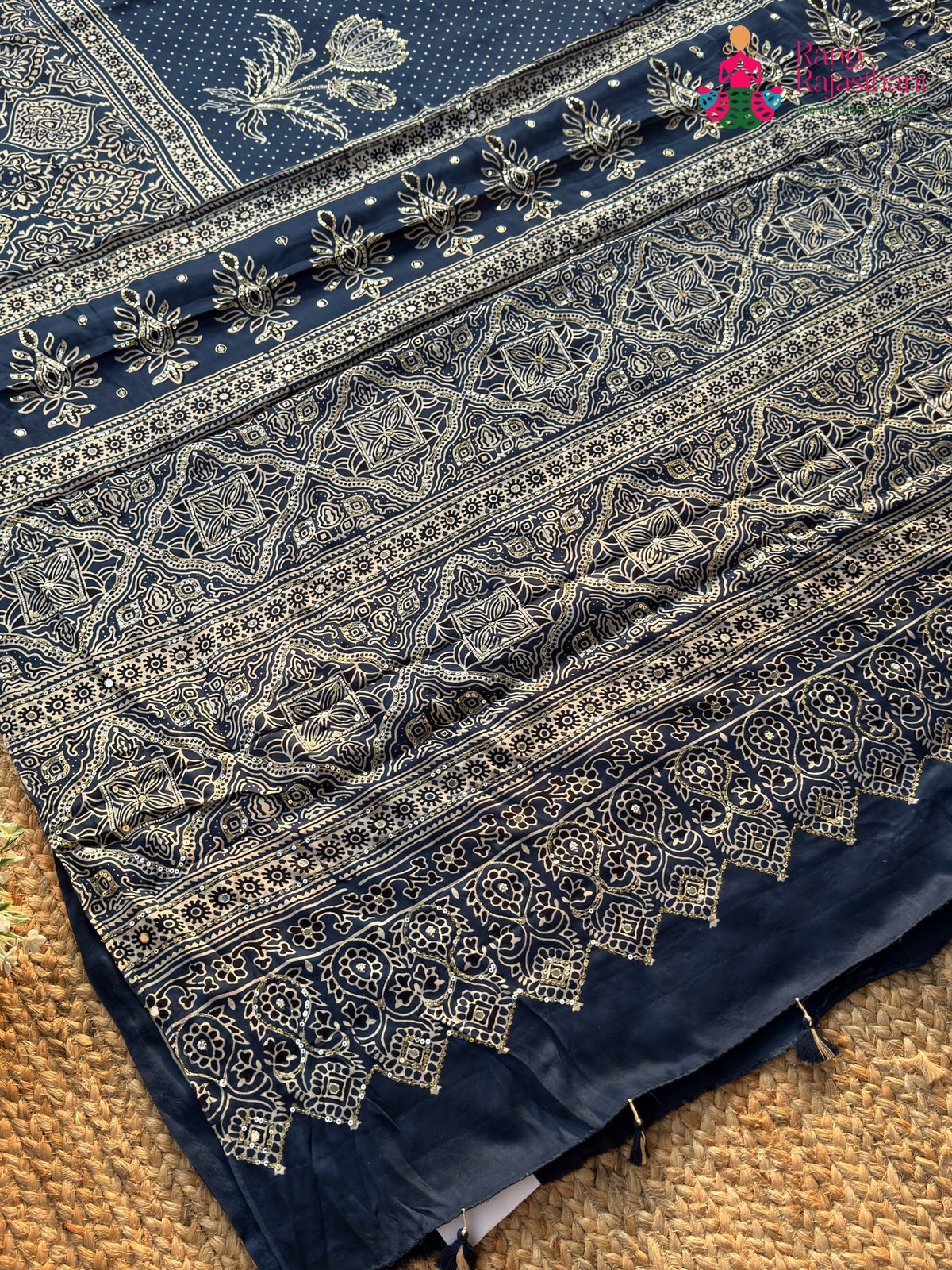 Blue Pure Modal Silk Sequin Ajrakh Print Saree for Bridal | Shop Online