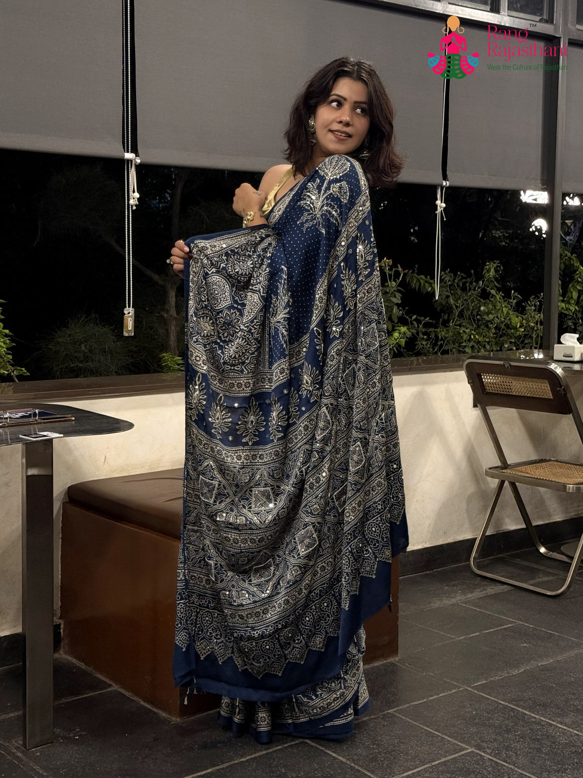 Blue Pure Modal Silk Sequin Ajrakh Print Saree for Bridal | Shop Online