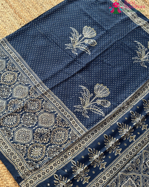 Blue Pure Modal Silk Sequin Ajrakh Print Saree for Bridal | Shop Online