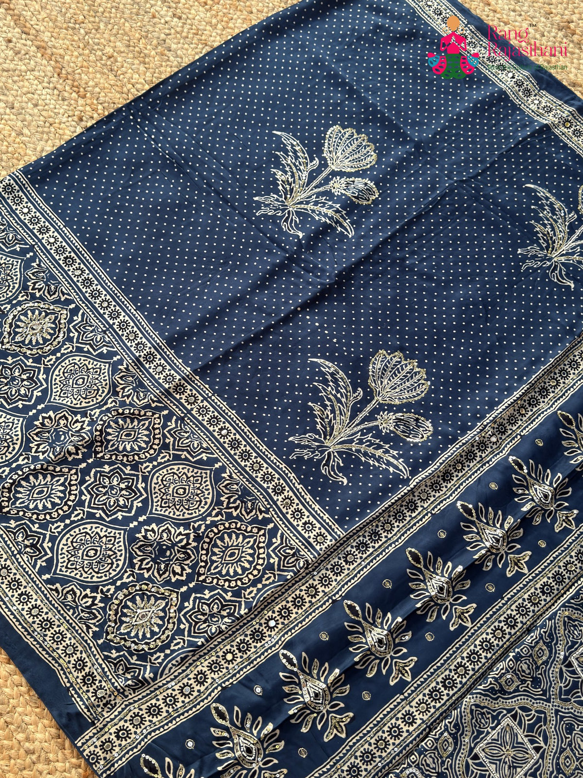 Blue Pure Modal Silk Sequin Ajrakh Print Saree for Bridal | Shop Online