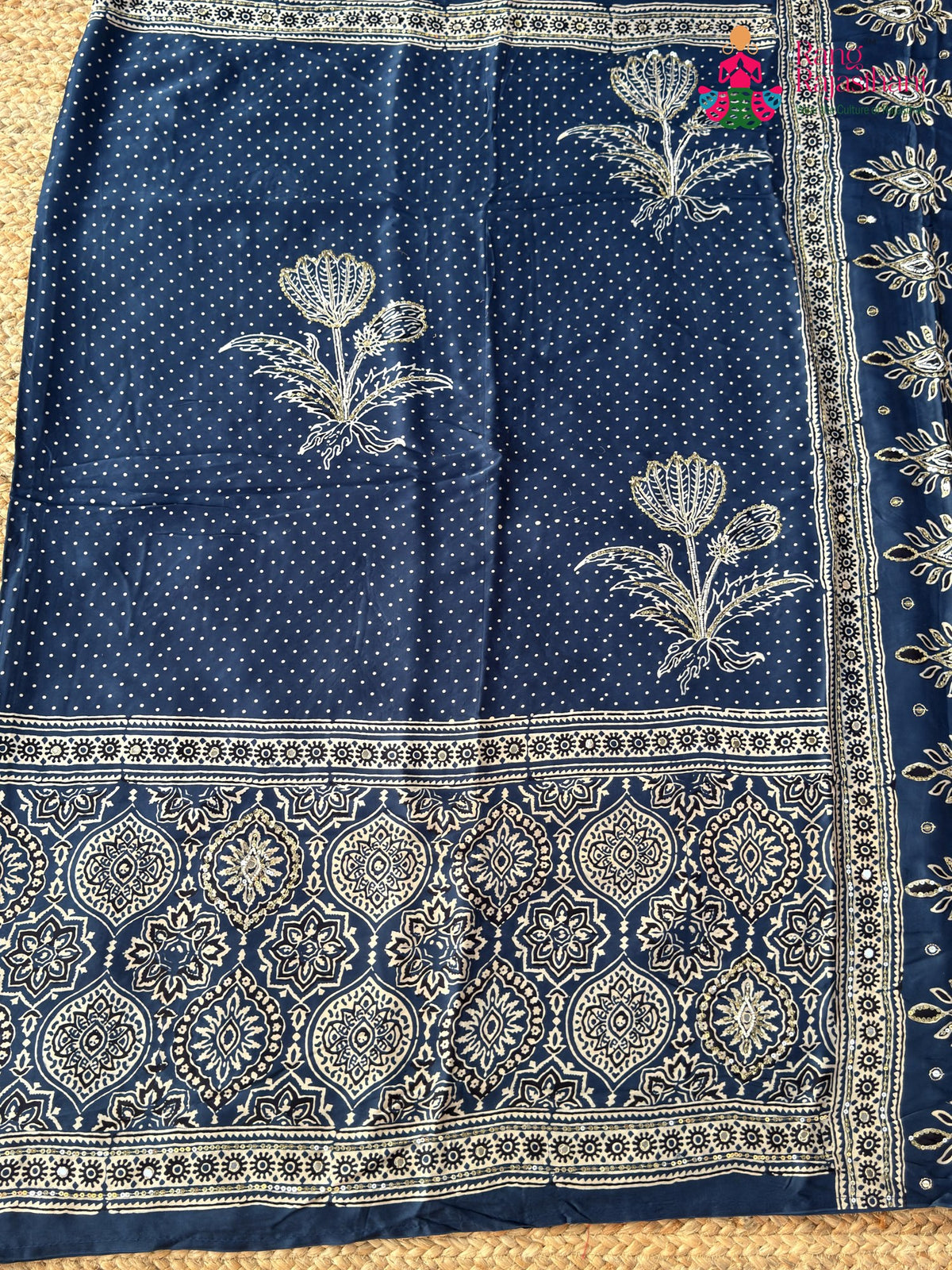 Blue Pure Modal Silk Sequin Ajrakh Print Saree for Bridal | Shop Online
