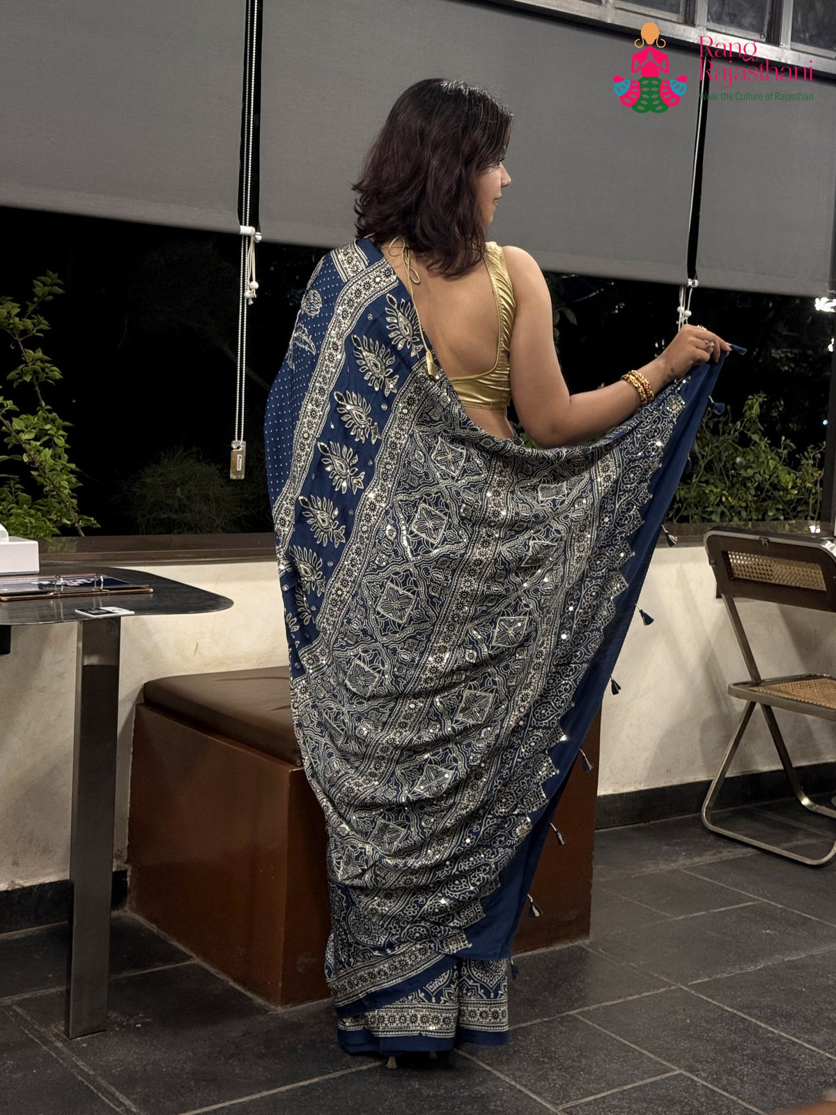 Blue Pure Modal Silk Sequin Ajrakh Print Saree for Bridal | Shop Online