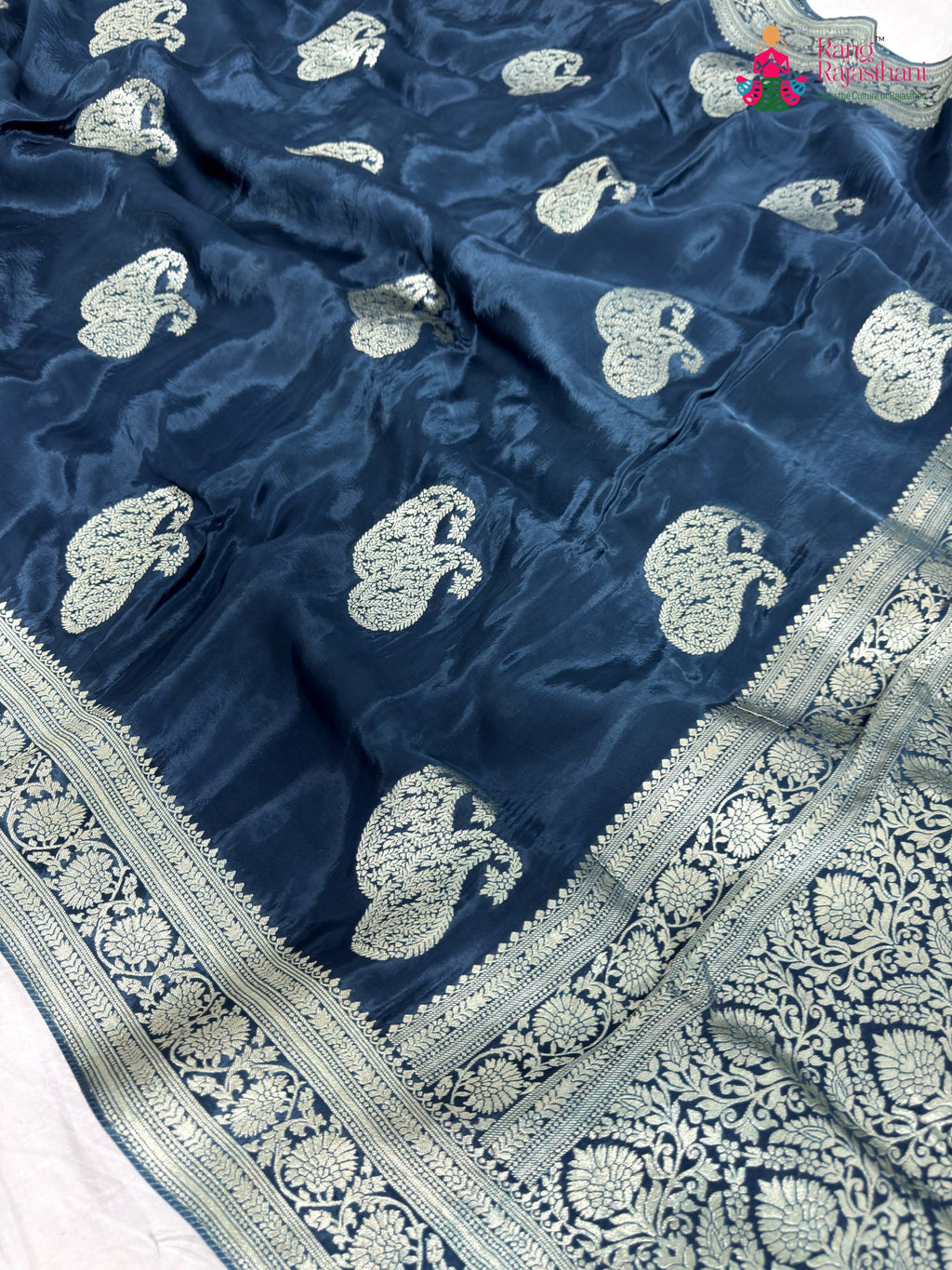 pallu detailing of blue pure russian silk banarasi zari weave saree