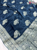 pallu detailing of blue pure russian silk banarasi zari weave saree