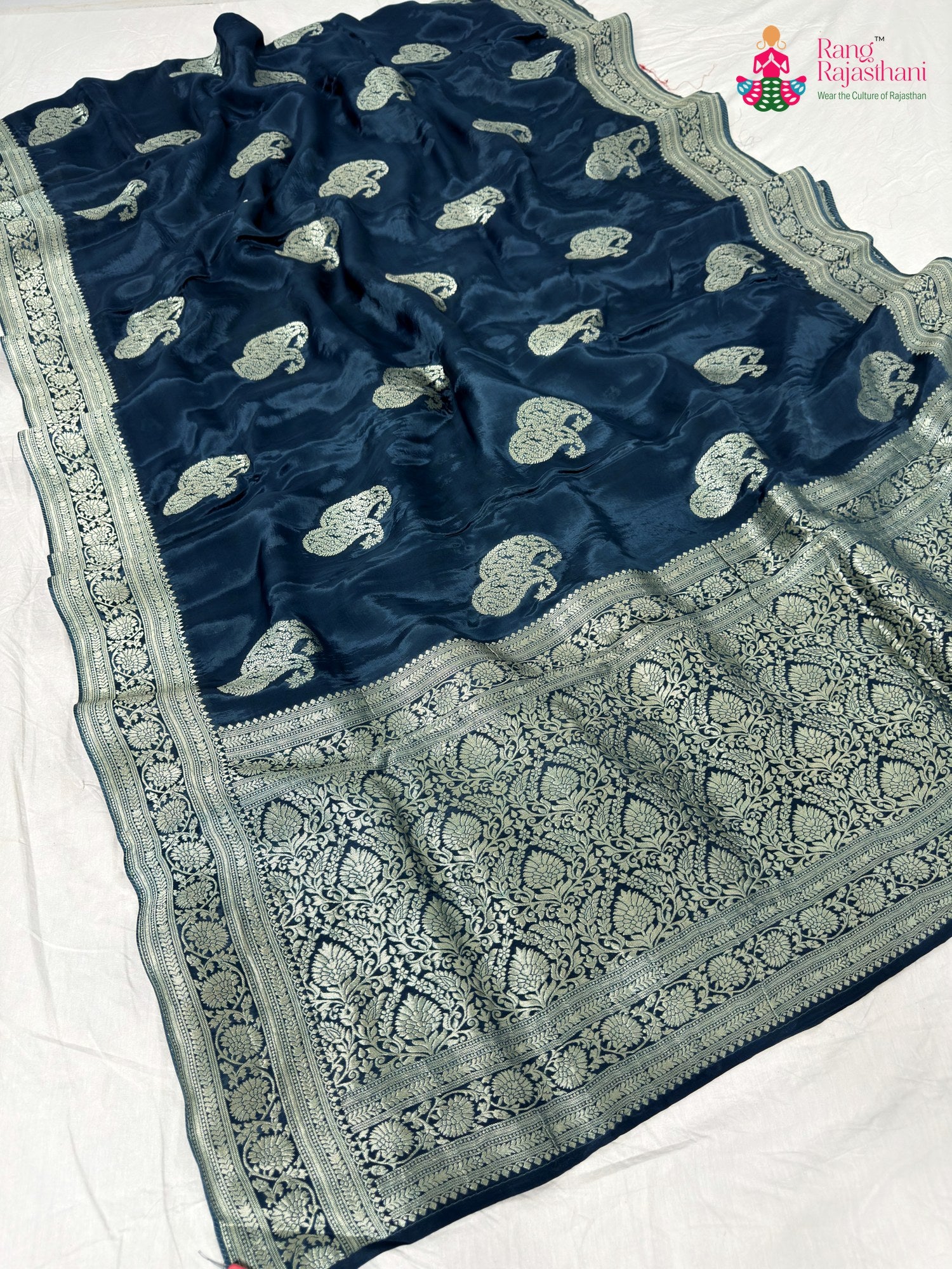 close up detailing of blue pure russian silk banarasi zari weave saree
