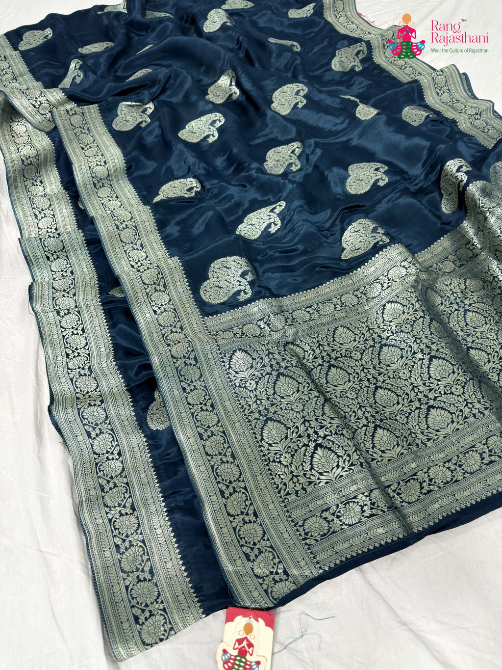 complete look of blue pure russian silk banarasi zari weave saree