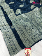 border detailing of blue pure russian silk banarasi zari weave saree