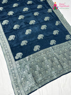 pallu detailing of blue pure russian silk banarasi zari weave saree
