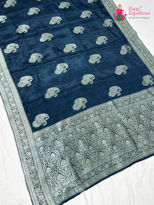 Blue Pure Russian Silk Banarasi Zari Weave Saree for Wedding Reception | Timeless Drape