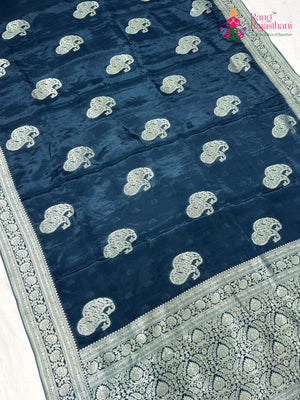 Blue Pure Russian Silk Banarasi Zari Weave Saree for Wedding Reception | Timeless Drape