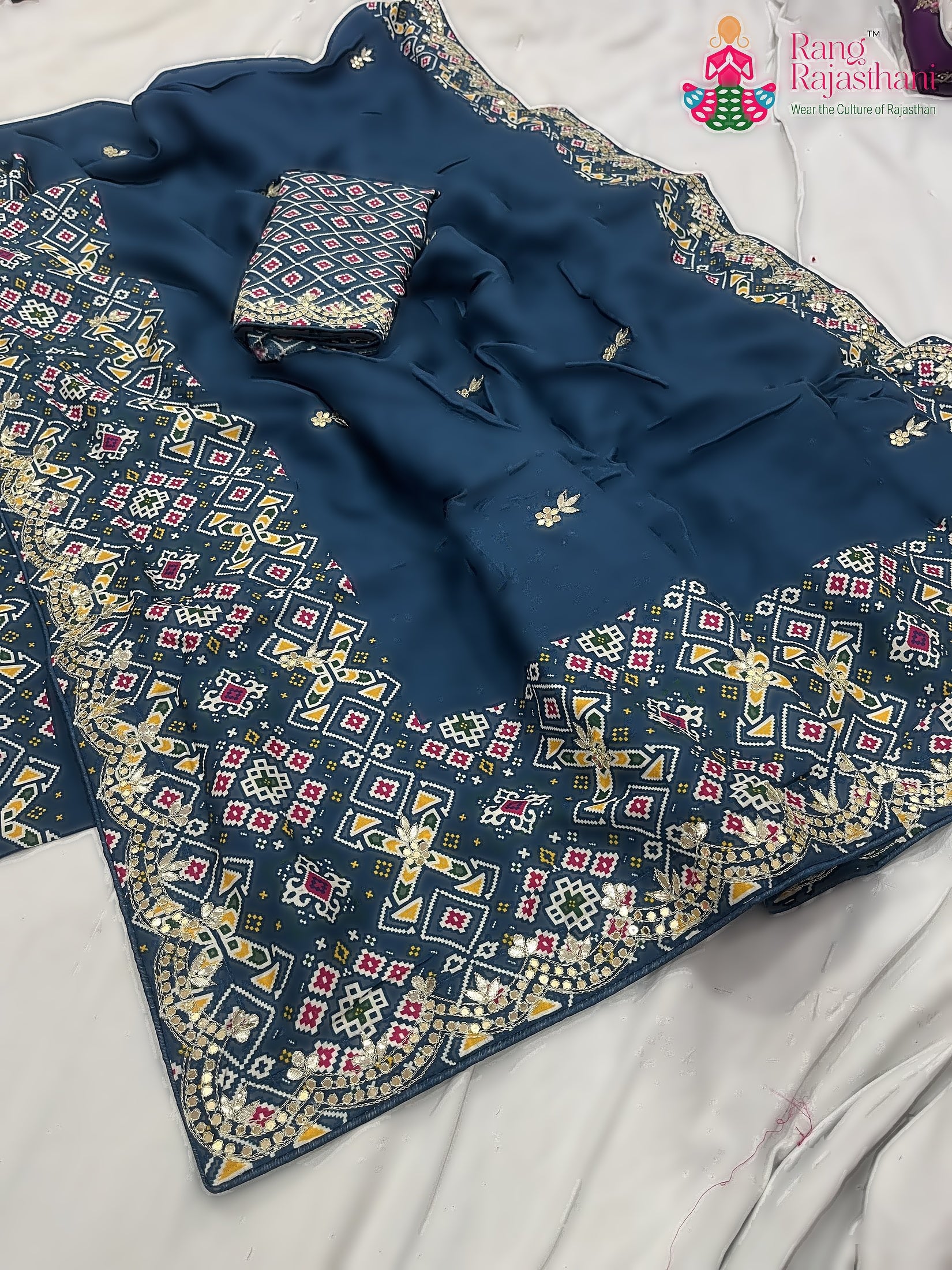 Blue Pure Russian Silk Gota Patti Work Saree : Calm Poise