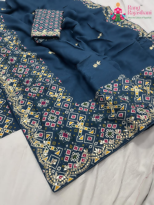 close up detailing of blue pure russian silk gota patti saree 