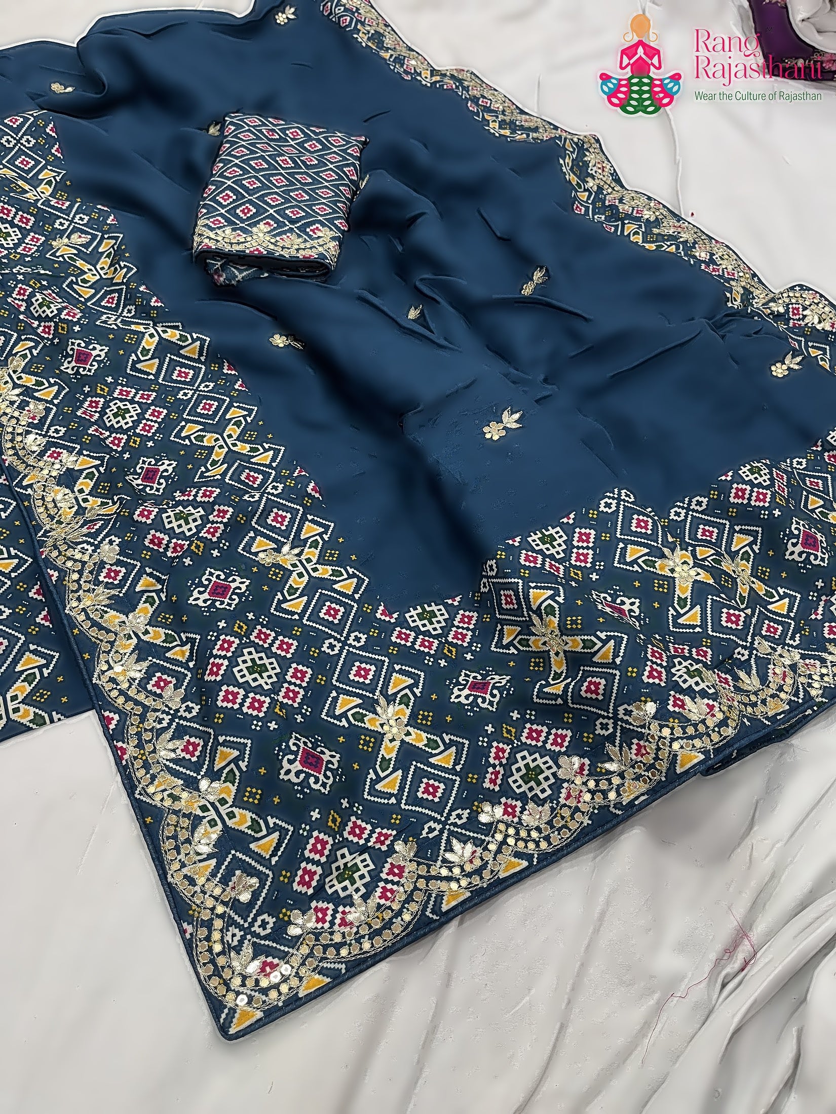 Blue Pure Russian Silk Gota Patti Work Saree : Calm Poise