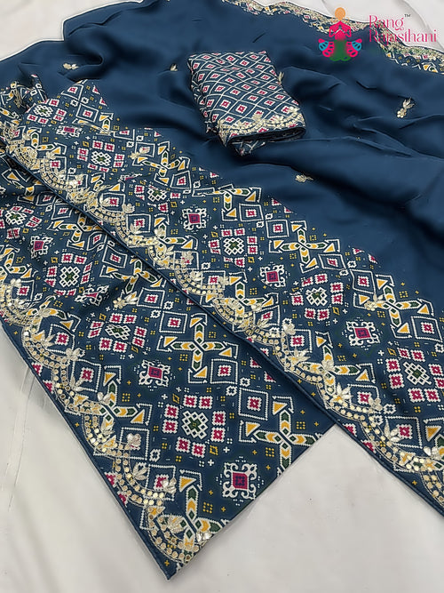 blue pure russian silk gota patti saree for mayra ceremony by Rang Rajasthani