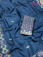 pallu detailing of blue pure russian silk gota patti saree