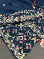 fabric texture of blue pure russian silk gota patti saree