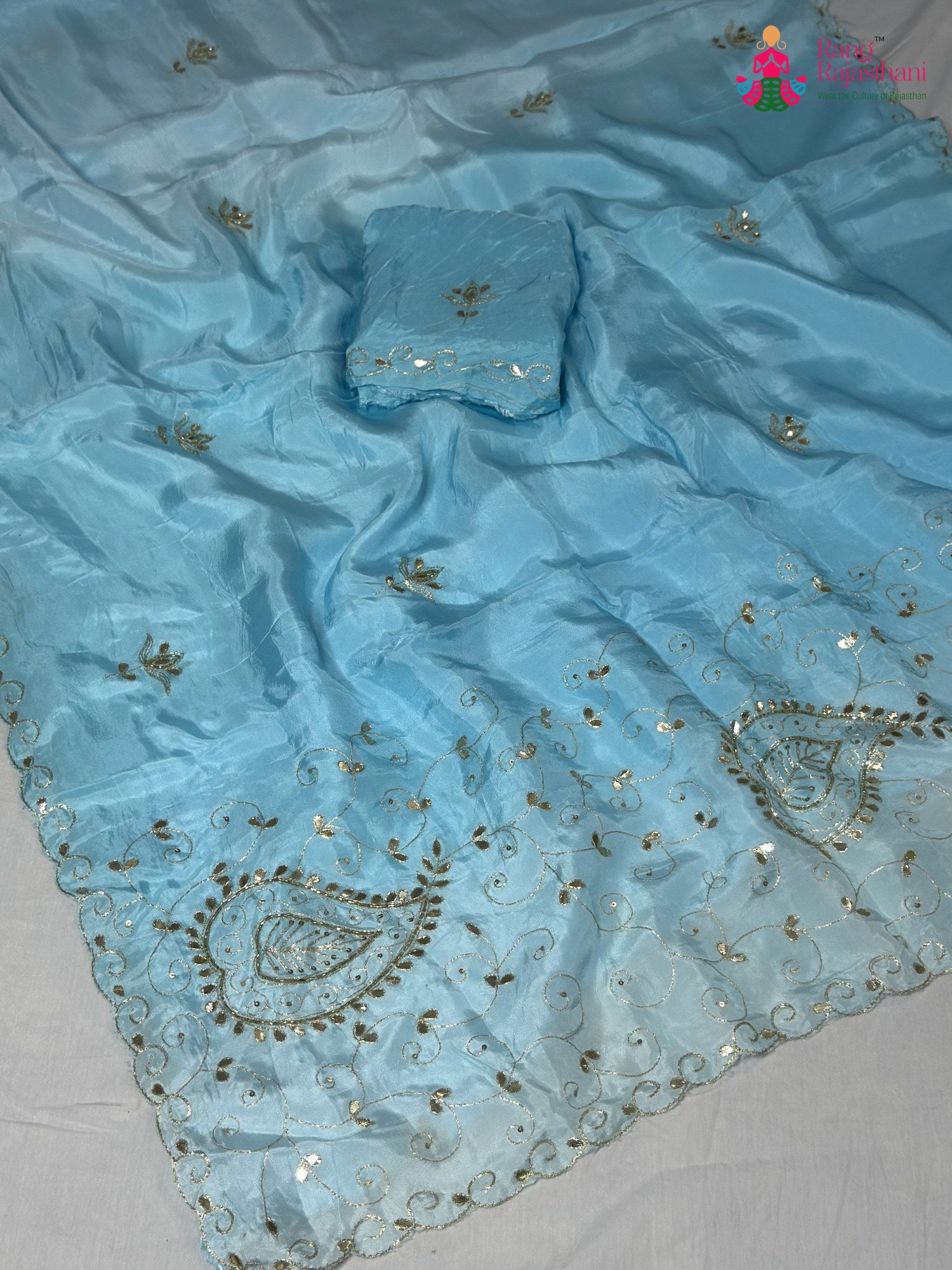 blue pure upada silk gota patti saree ethnic wear by Rang Rajasthani