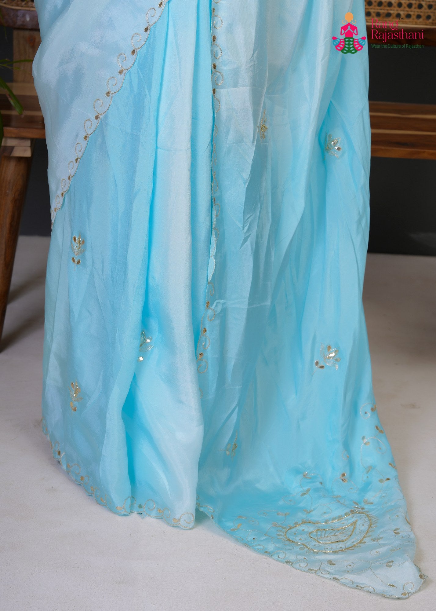 full view of blue pure upada silk gota patti saree