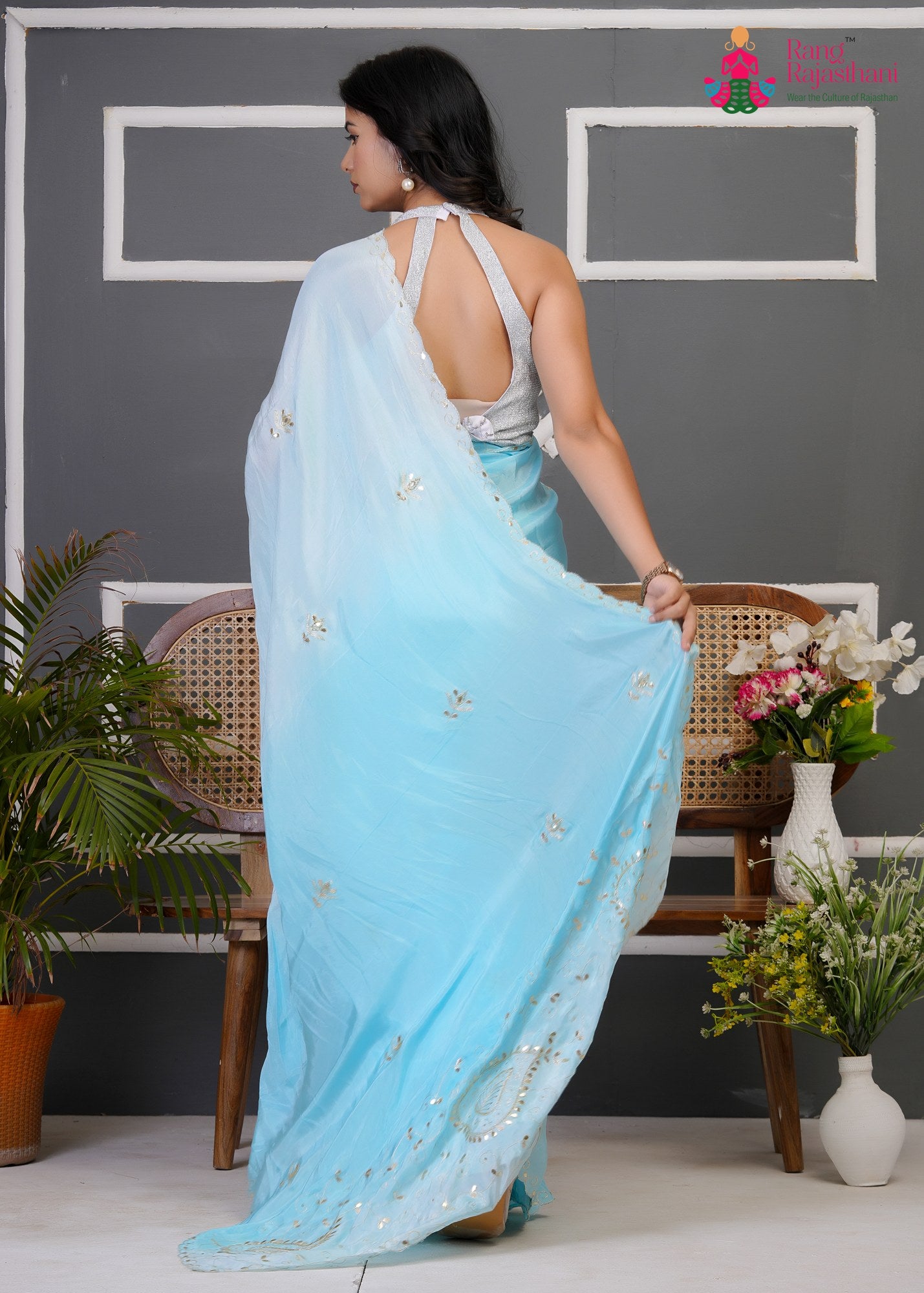 another angle of blue pure upada silk gota patti saree