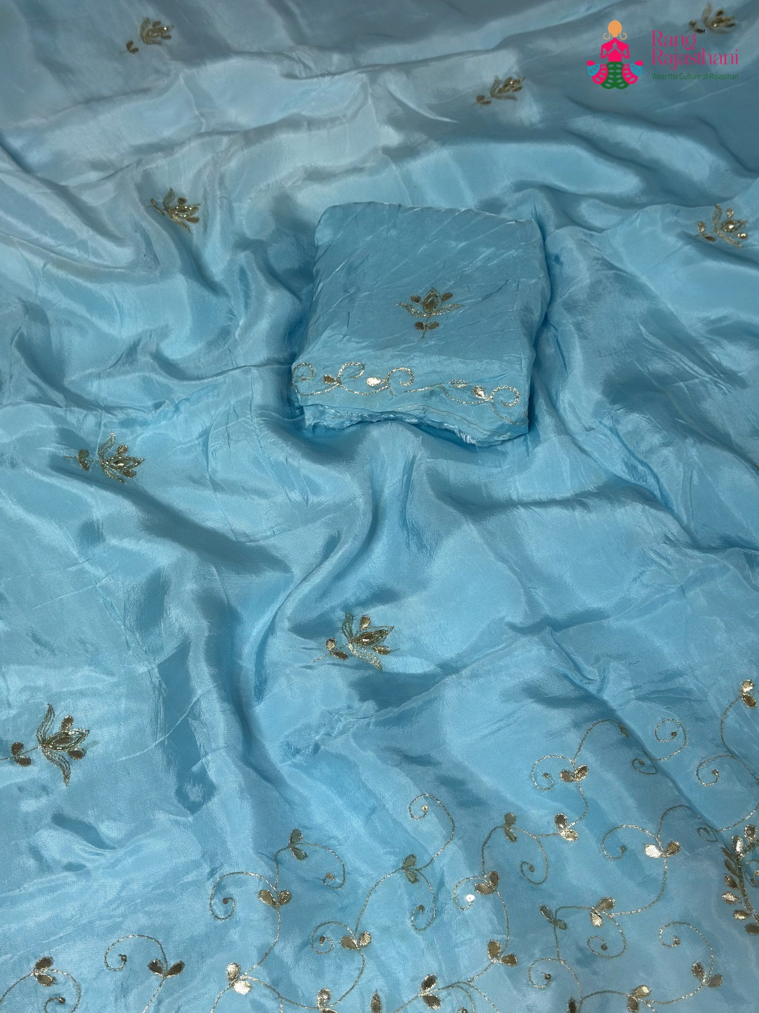 pallu detailing of blue pure upada silk gota patti saree