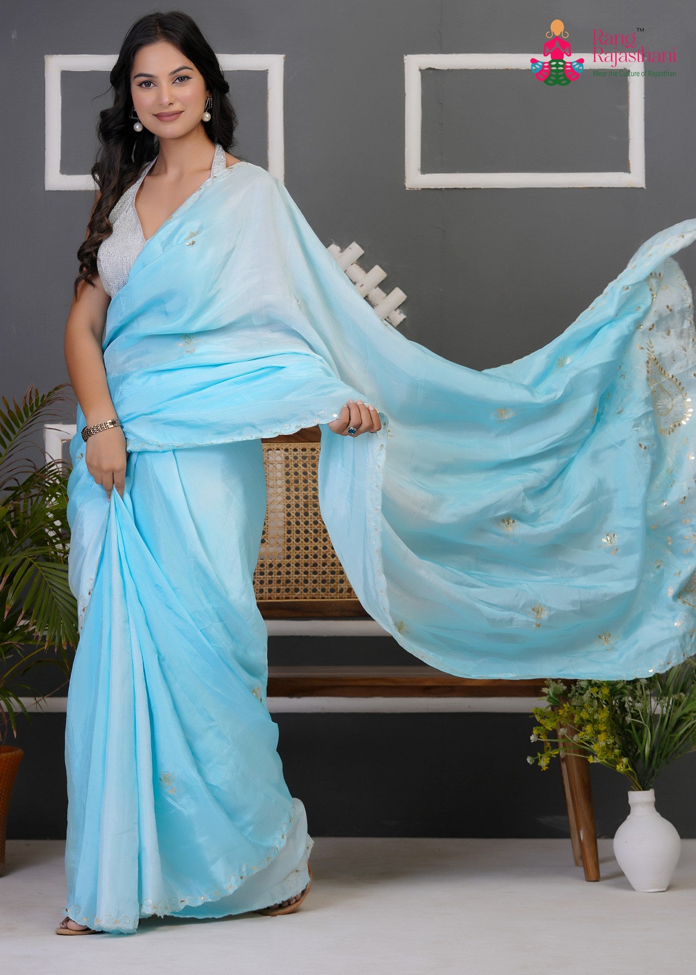 intricate detail of blue pure upada silk gota patti saree