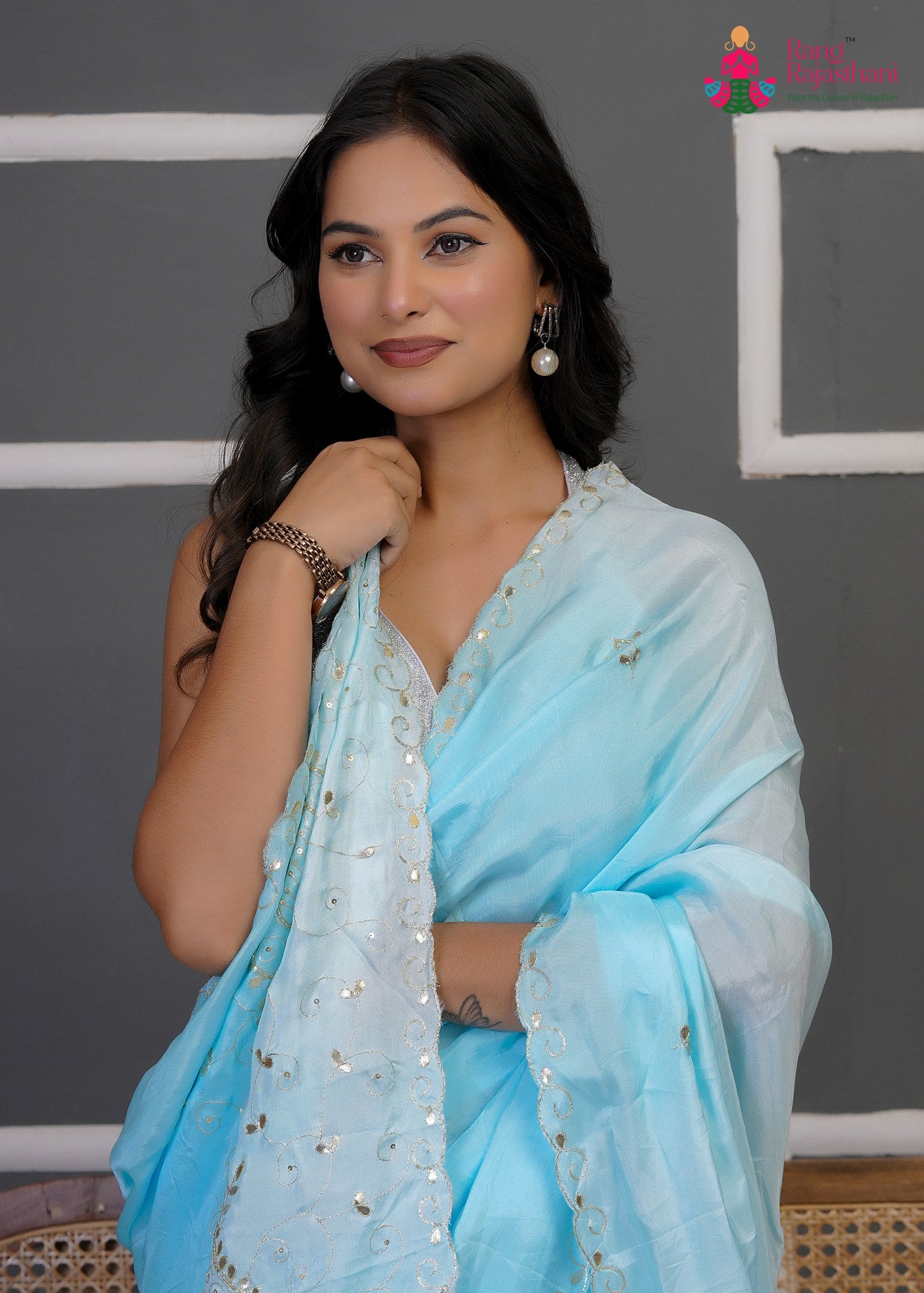 color and weave of blue pure upada silk gota patti saree