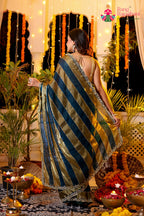 Blue Shimmer Satin Hand Work Saree for Wedding Reception | Designer Pick