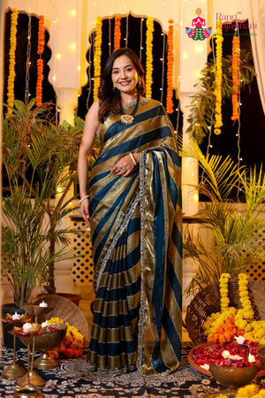 Blue Shimmer Satin Hand Work Saree for Wedding Reception | Designer Pick