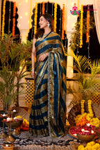 Blue Shimmer Satin Hand Work Saree for Wedding Reception | Designer Pick