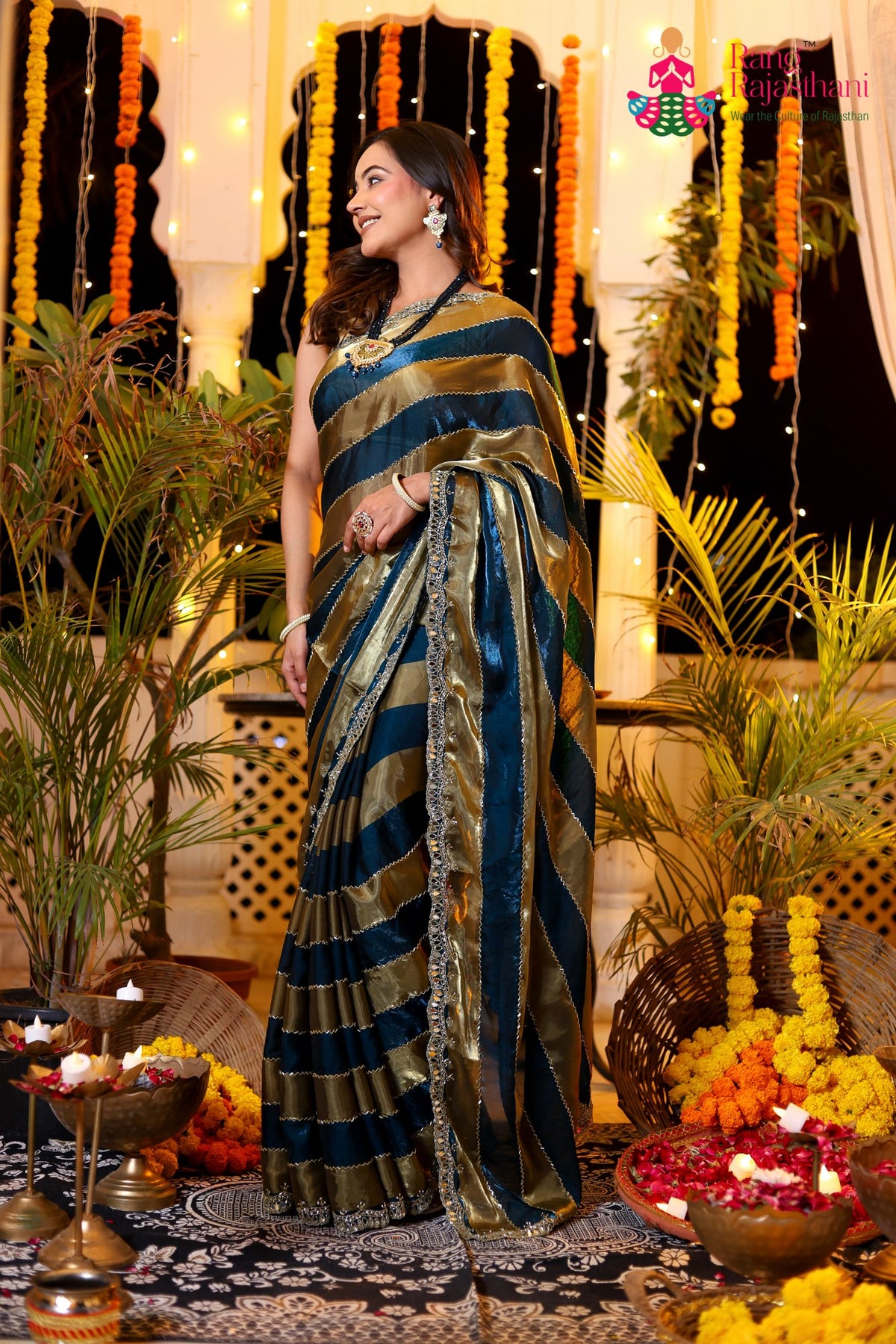 Blue Shimmer Satin Hand Work Saree for Wedding Reception | Designer Pick