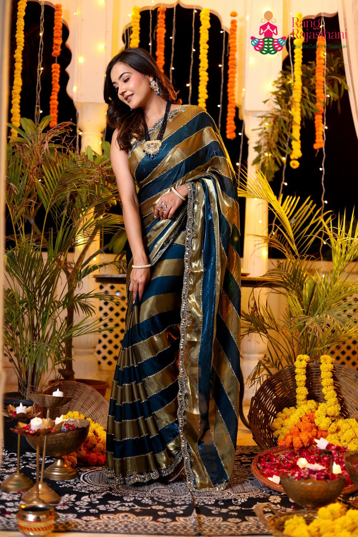 Blue Shimmer Satin Hand Work Saree for Wedding Reception | Designer Pick