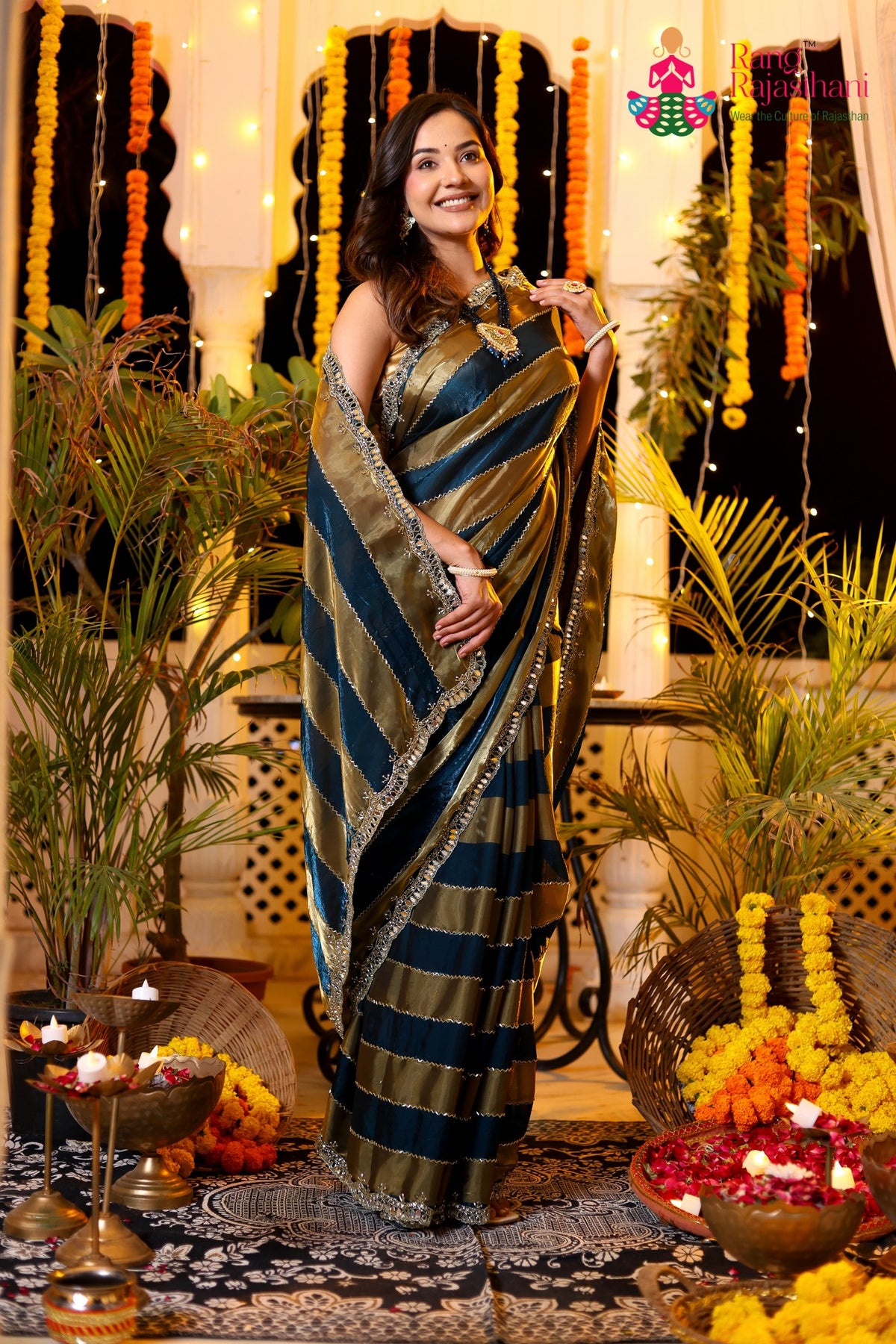 Blue Shimmer Satin Hand Work Saree for Wedding Reception | Designer Pick