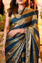 Blue Shimmer Satin Hand Work Saree for Wedding Reception | Designer Pick