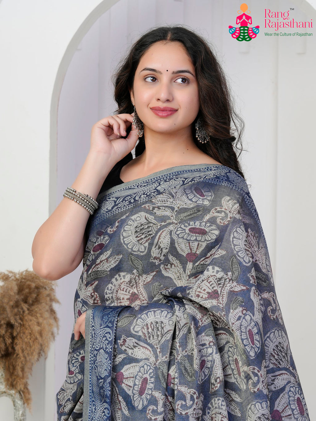 Blue Imported saree with Printed close up detailing