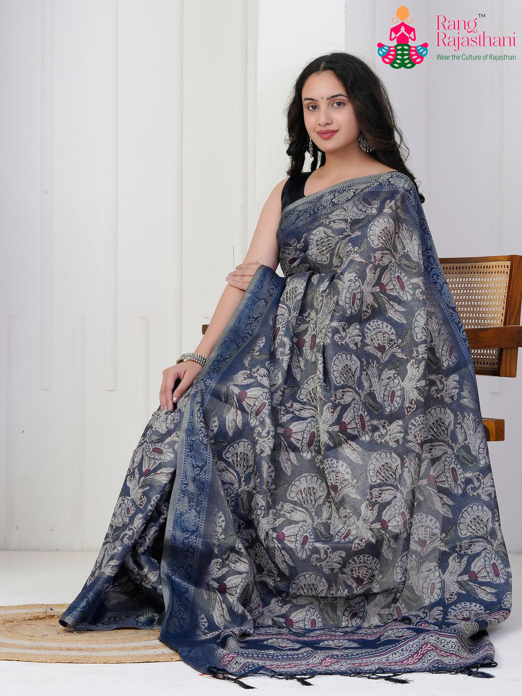 Blue Imported saree with Printed pleats view