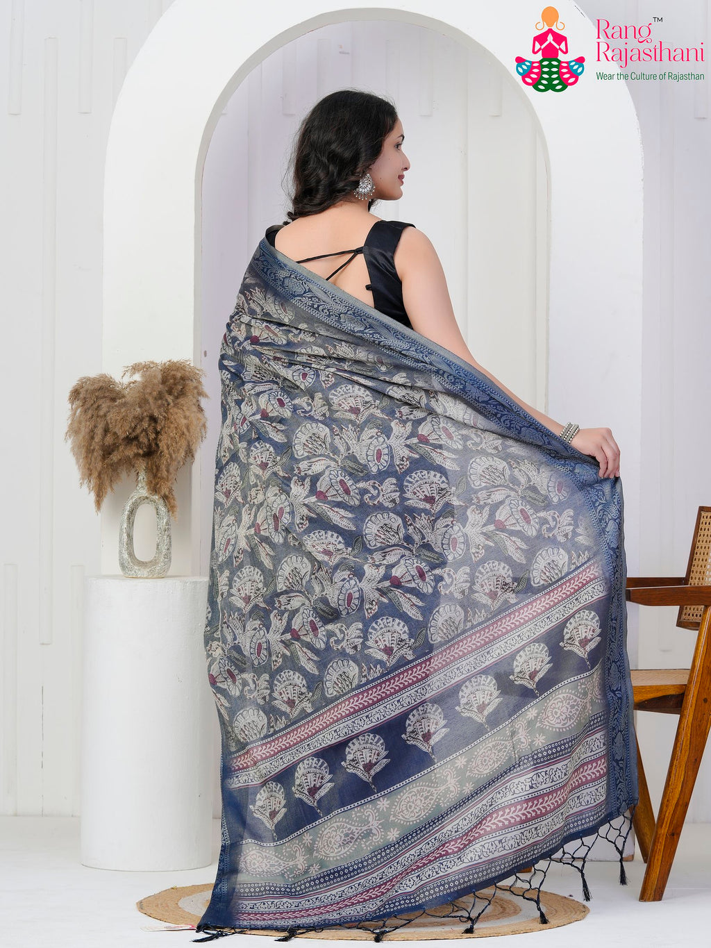 Blue Imported saree with Printed back view