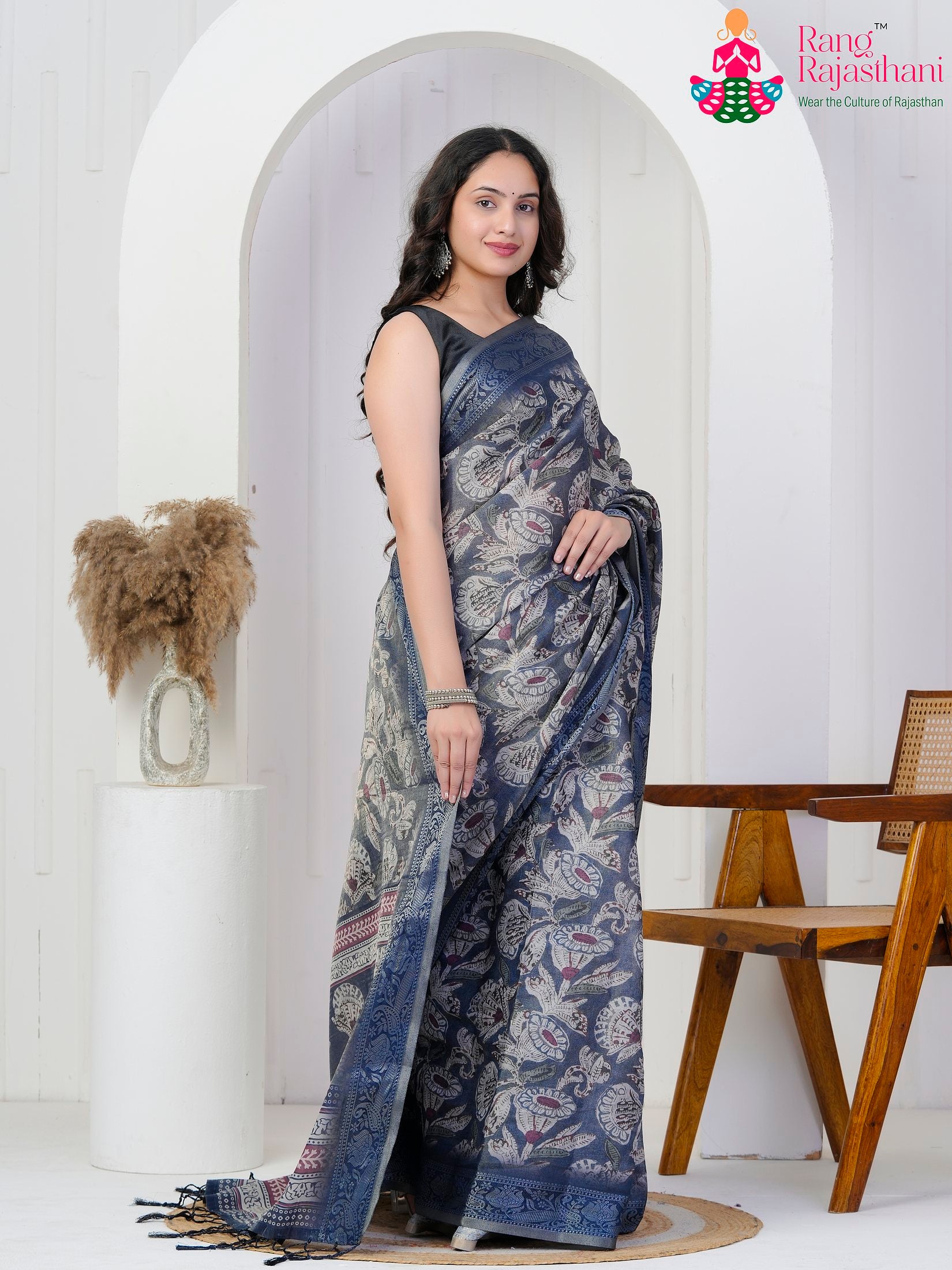 Blue Imported saree with Printed side drape view