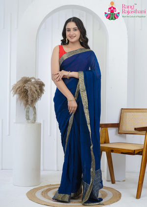 Blue Chinnon Plain Saree for Wedding Guest | Trending Pick