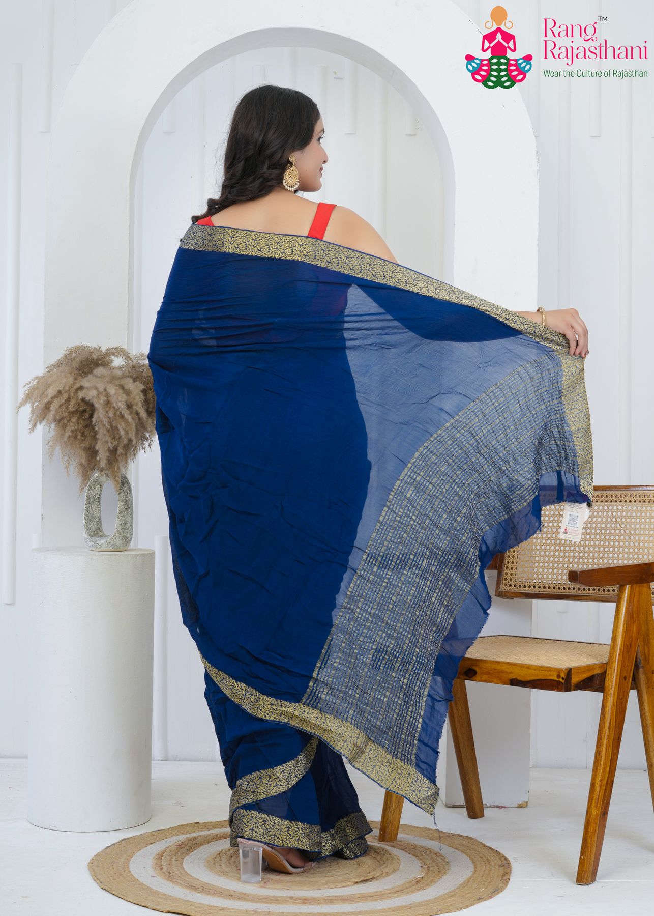 navy pure chinon saree with banarasi zari border for office back view