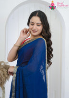Navy Pure Chinon saree with Banarasi Zari Border close up detailing