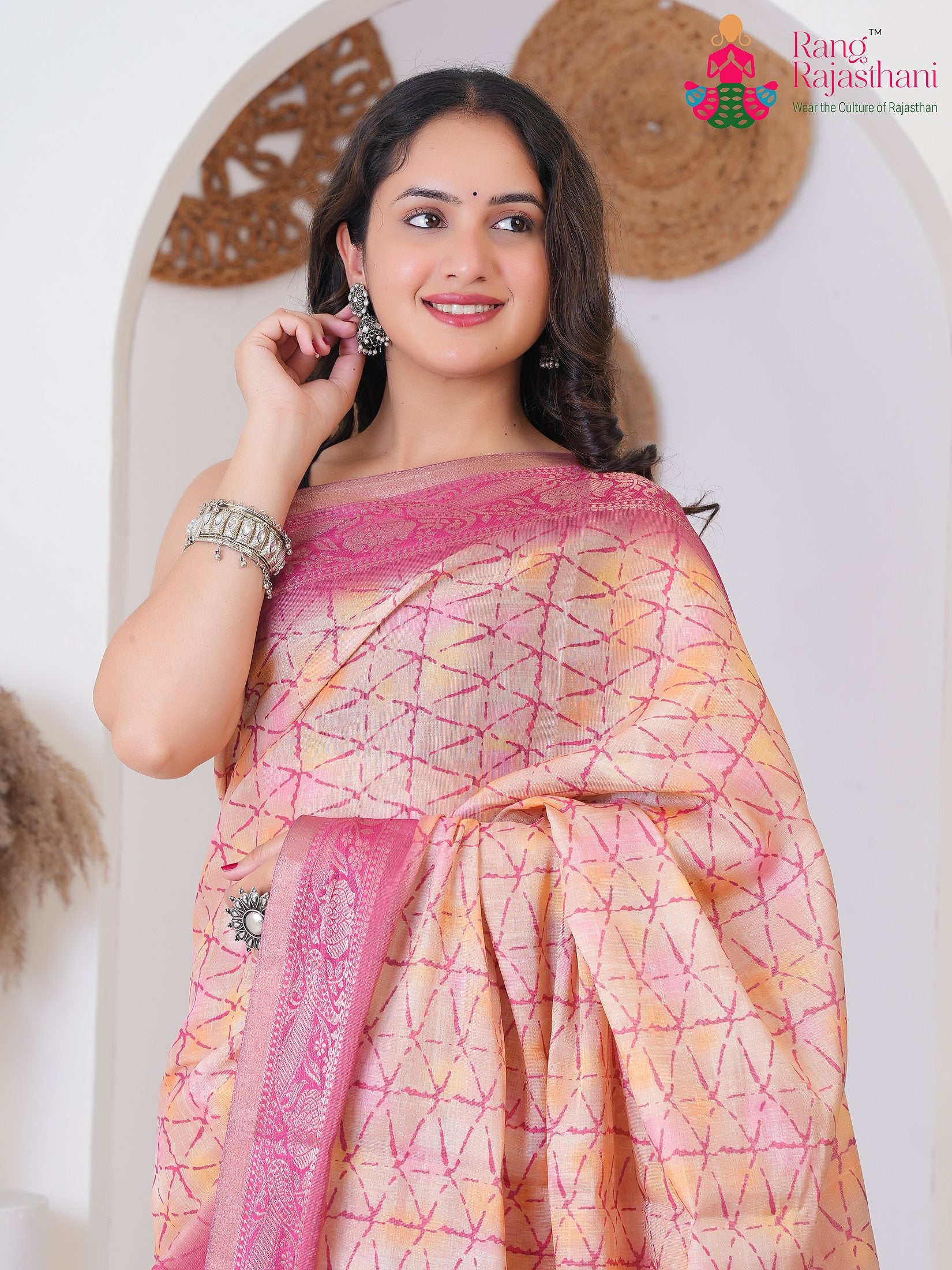 peach Imported saree with Printed close up detailing