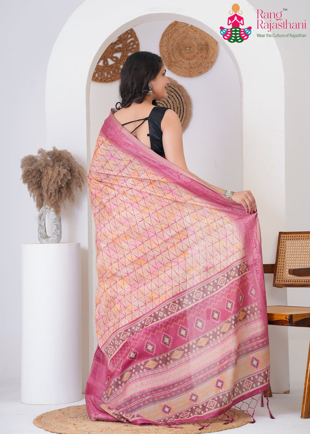 peach Imported saree with Printed back view